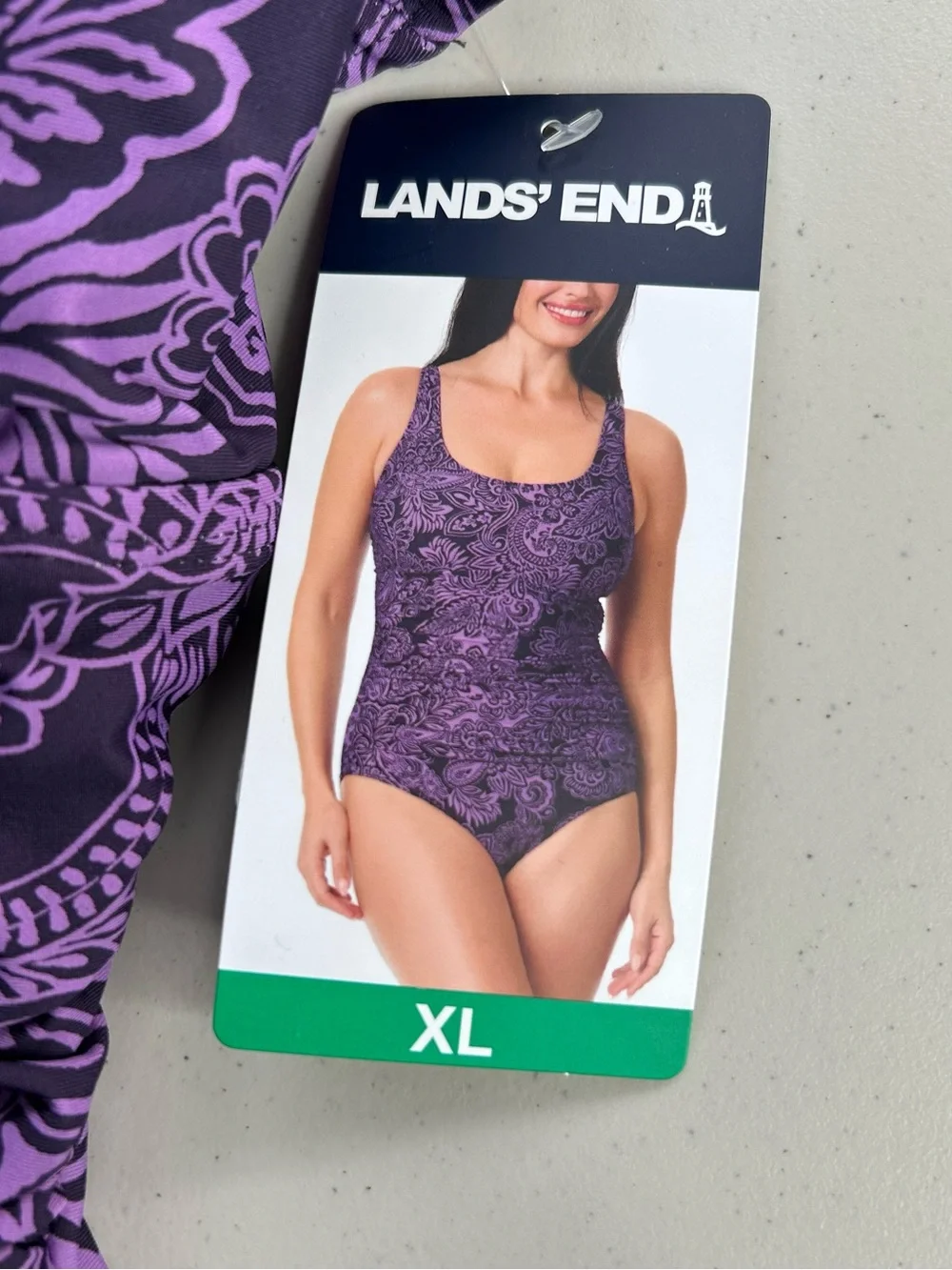 Lands' End Women's Purple Paisley Ruching One Piece Swimsuit Tummy Control XL
